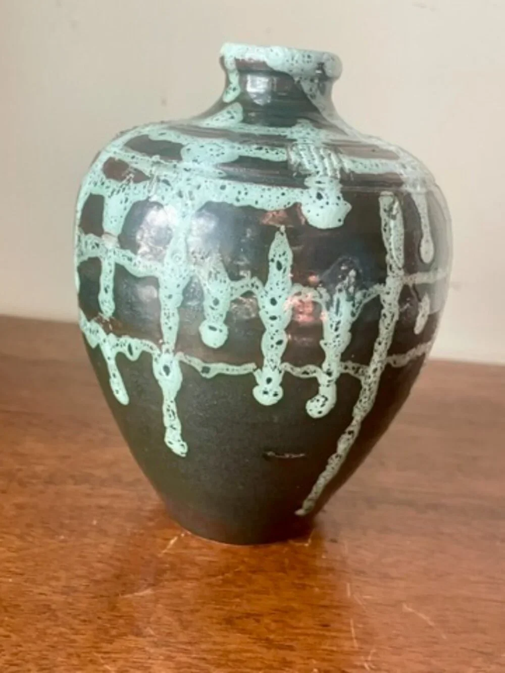 MCM European Vase VTG Dark Matte Base w/Textured Turquoise Drip Glaze